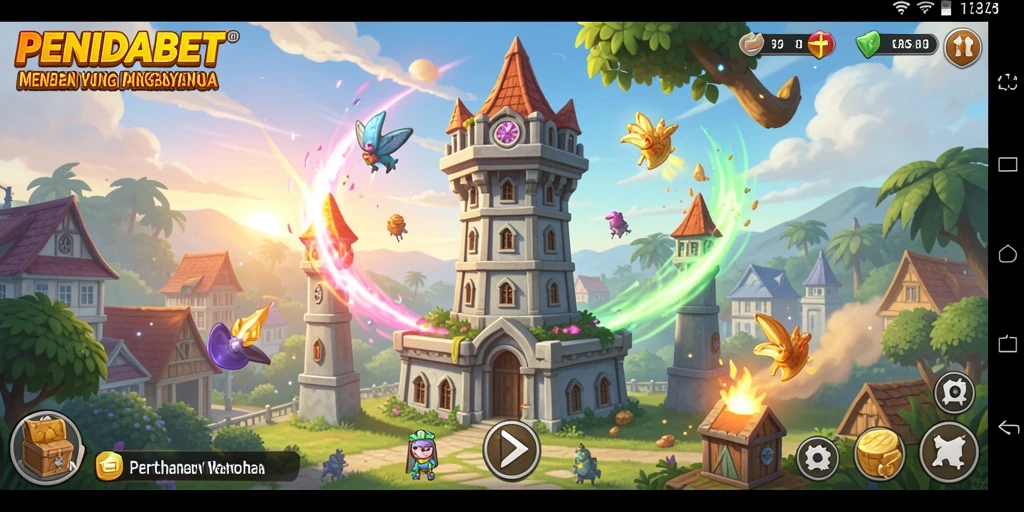 Tampilan gameplay PENIDABET dengan berbagai menara pertahanan.