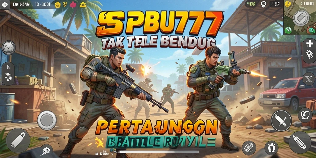 Tampilan gameplay SPBU77 yang intens dan penuh aksi Battle Royale.